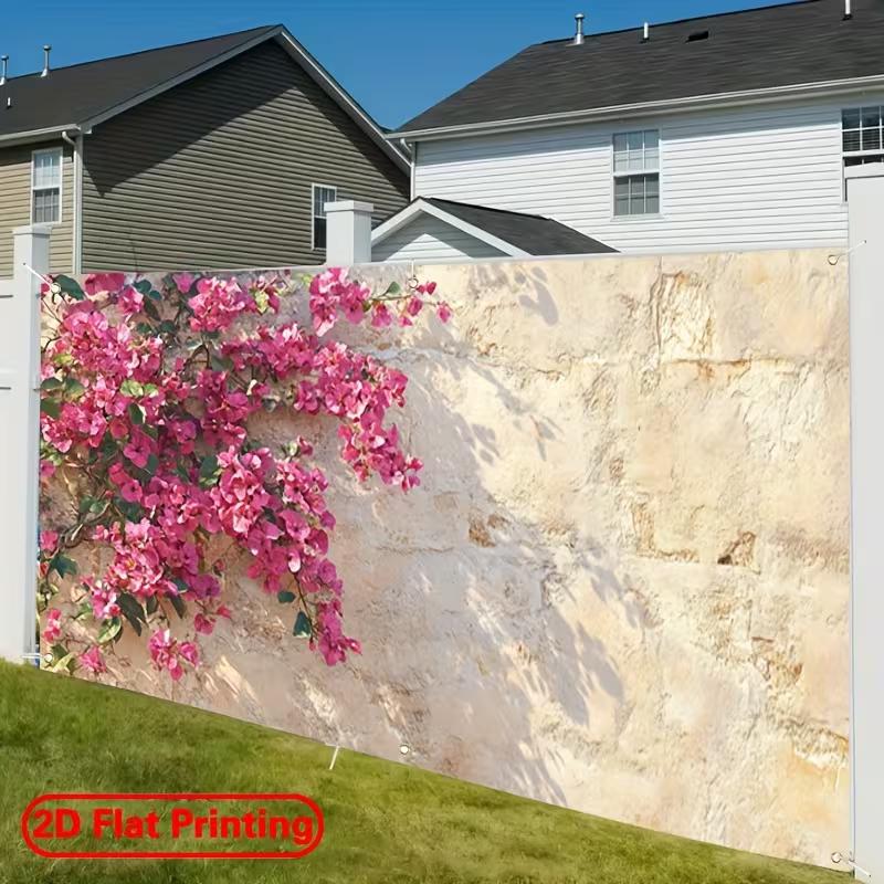 2D Bougainvillea Stone Wall Garage Door Cover Mediterranean Floral Banner