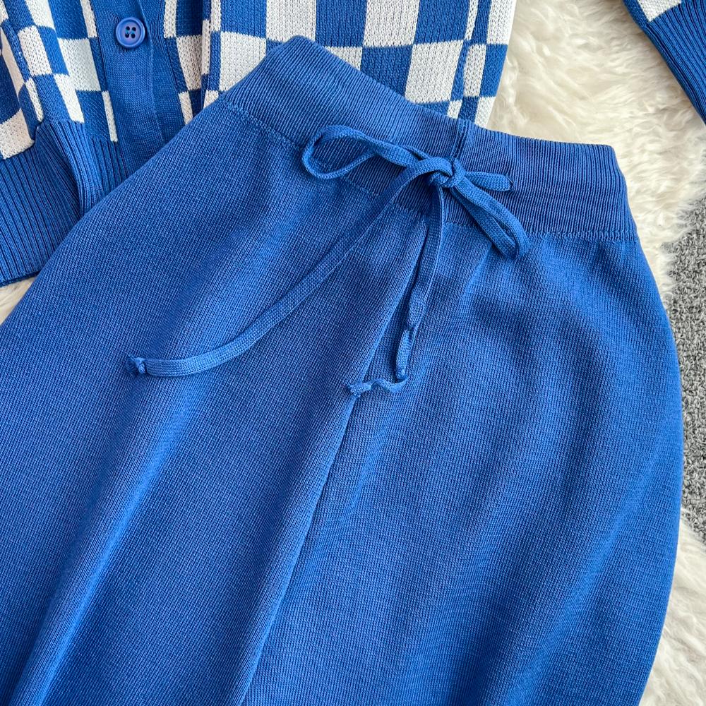 Herbst Vintage Marke Plaid Gestrickte Pullover Hose 2 Stück Set Frauen Trainingsanzug Einreiher Mantel + Knöchel Länge Hosen Outfits