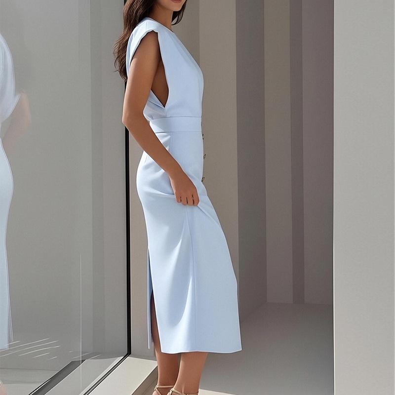 2026 Spring Women's European and American Solid Color French Dress: Elegant Buttoned Split Hip-Hugging Skirt