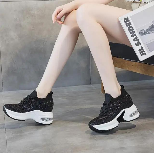 Fashion 8CM Summer Air Mesh Microfiber Vulcanize Chunky Sneaker Lace Up Women Ladies Shoes Spring Fashion Leather Flats Platform Wedge