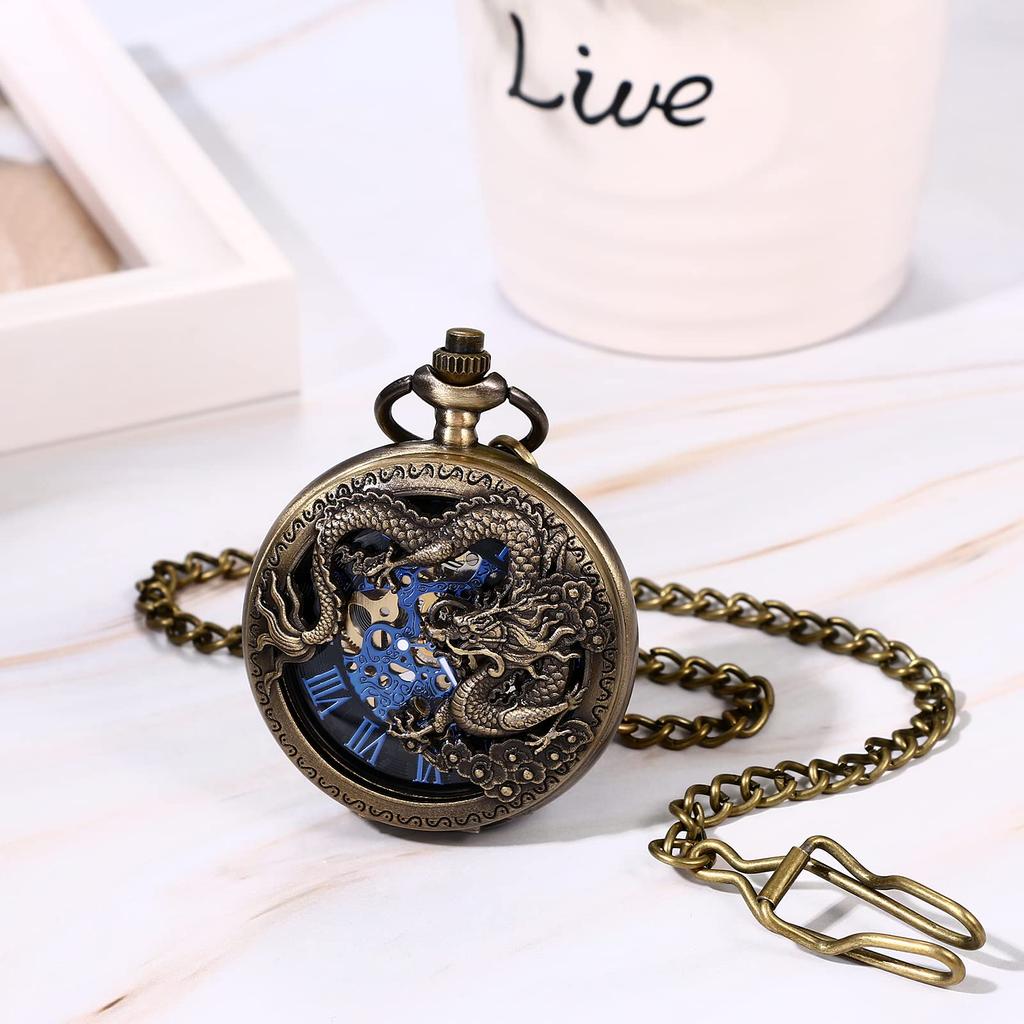 Pocket Watch Automatic Winding Mechanical Dragon Roman Alphabet Analog Display Skeleton Waterproof Retro Antique Pendant Watch Pocket Watch with Chain