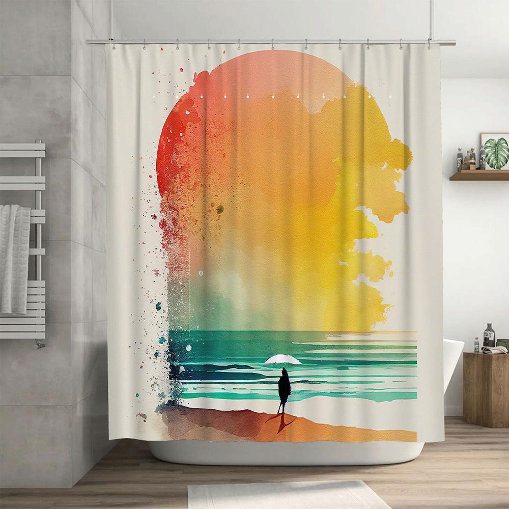 Colorful Shower Curtain Beach Sunset Design for Bathroom Decor Modern Waterproof Fabric with Hook Rings Set in Various Sizes