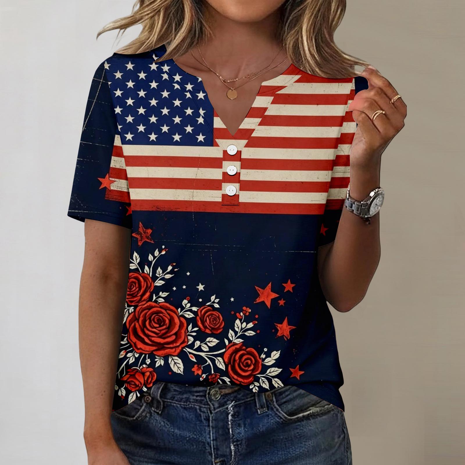 

Women s fashionable casual short-sleeved Independence Day print V-neck top XL винний