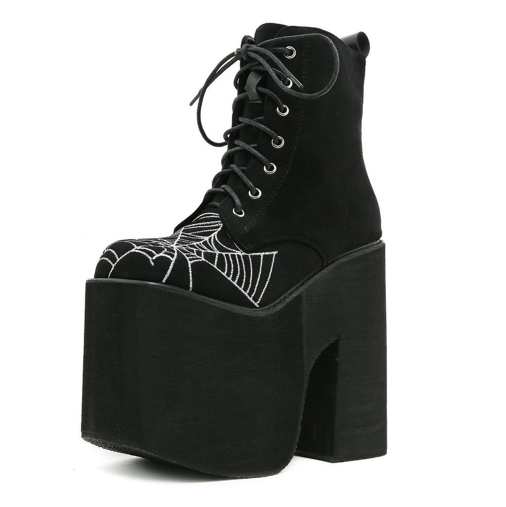 Gdgydh Damenstiefel Goth Spinnennetz Bestickte Schuhe Hoher Absatz Stiefeletten Hohe Plateauschuhe Qualität Mode Punk Klobige Absätze Reißverschluss