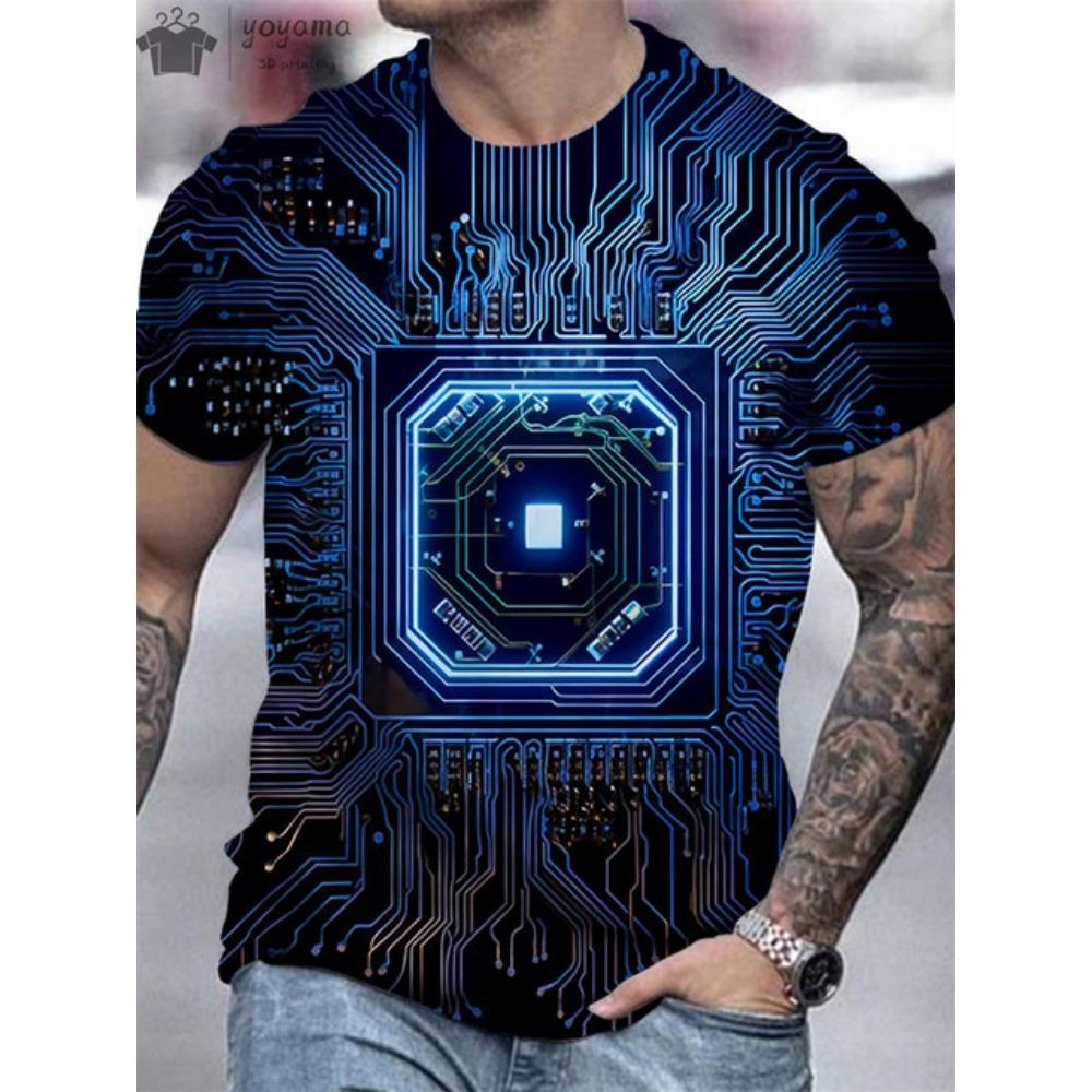 Summer Men Circuit Board Electronic Chip Creative Graphics Fashion Short Sleeve Oversized T-shirt