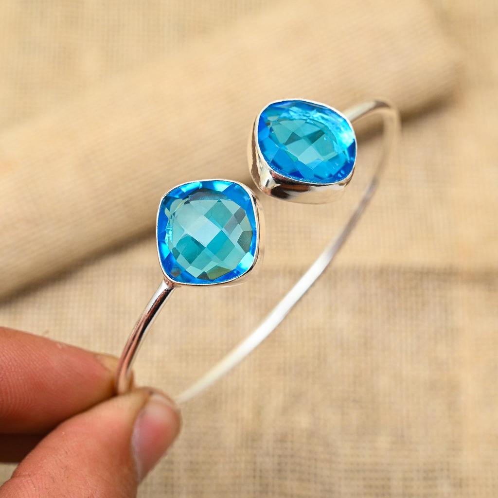 Pretty Blue Topaz Gemstone Handmade 925 Solid Sterling Silver Adjustable Bangle For Wedding Gift