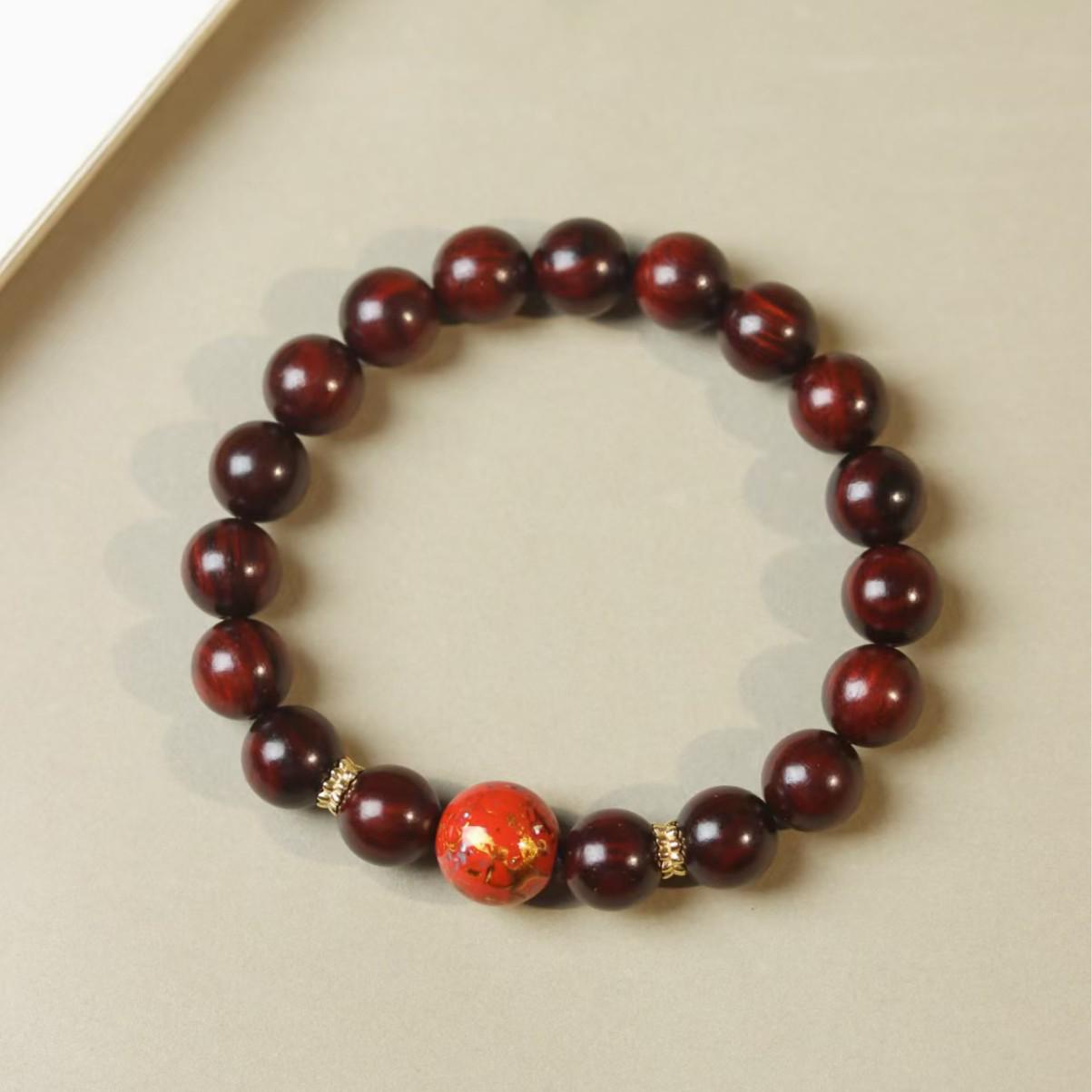 Red Gold Small-Leaf Rosewood & Mother-of-Pearl Zodiac Bracelet for Men and Women 8mm
