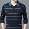 Camisas polo listradas masculinas da moda, novas camisas polo coreanas para negócios, primavera/outono, casuais, manga comprida, bolsos na lapela, roupas masculinas, tops de algodão, 2025