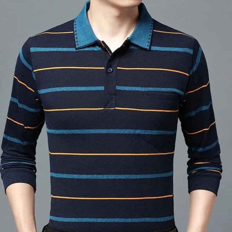 Camisas polo listradas masculinas da moda, novas camisas polo coreanas para negócios, primavera/outono, casuais, manga comprida, bolsos na lapela, roupas masculinas, tops de algodão, 2025