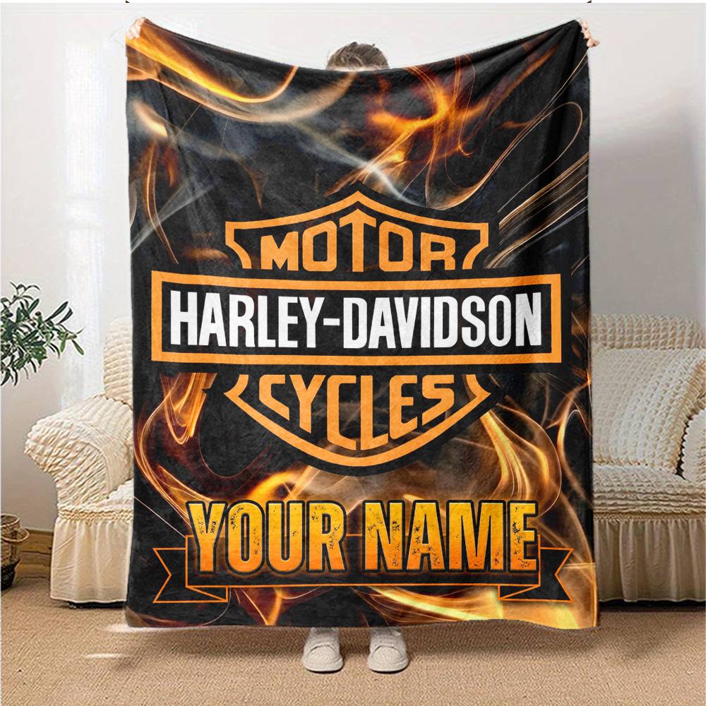 1pc HarleyDavidson Blanket with Custom Name, Gift, for Men and Women, Soft Blanket, Good for Sofa Bed Couch Travel, Lightweight Flannel Blanket