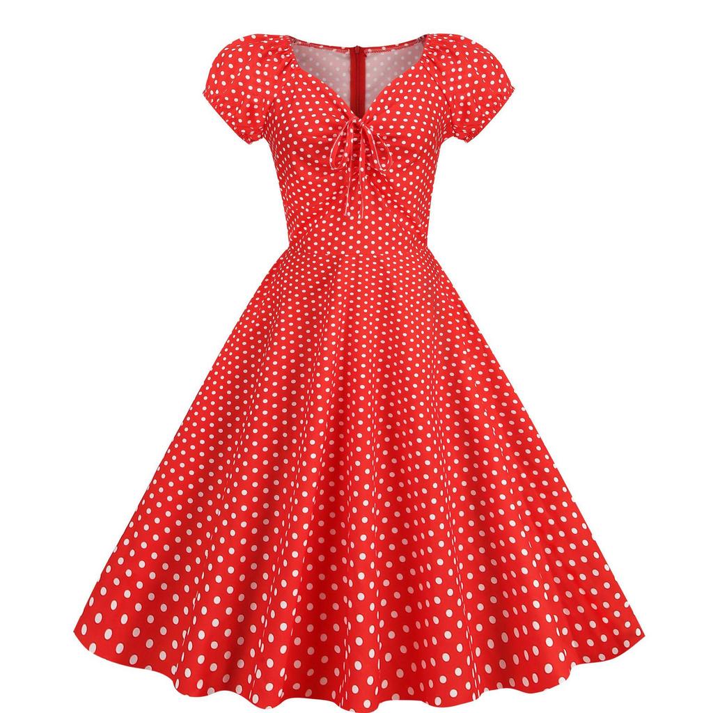 Retro V-neck Short Sleeve Polka Dot Waist-Cinching Dress for Women