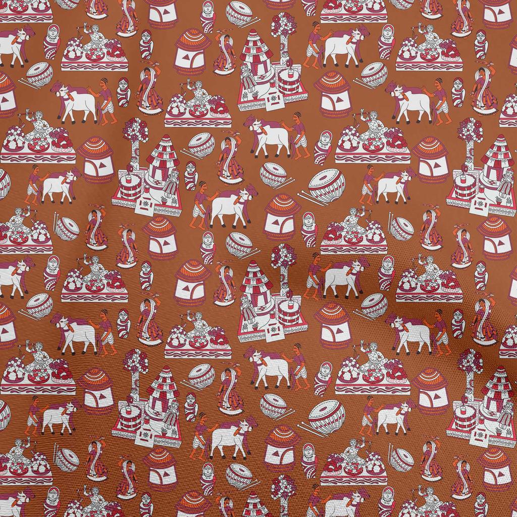 oneOone Cotton Flex Orange Fabric Kalamkari Traditional Sewing Material Print Fabric By The Yard 40 Inch