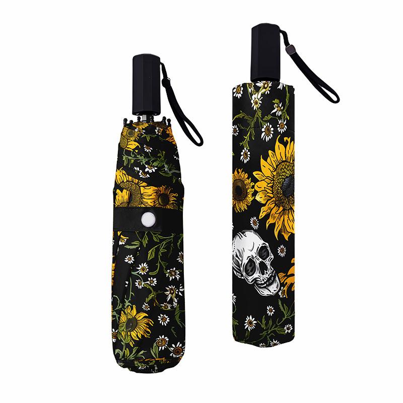 Sunflower Skull Folding umbrella Travel compact lightweight portable UV proof rain proof wind strong sunshade umbrella for women