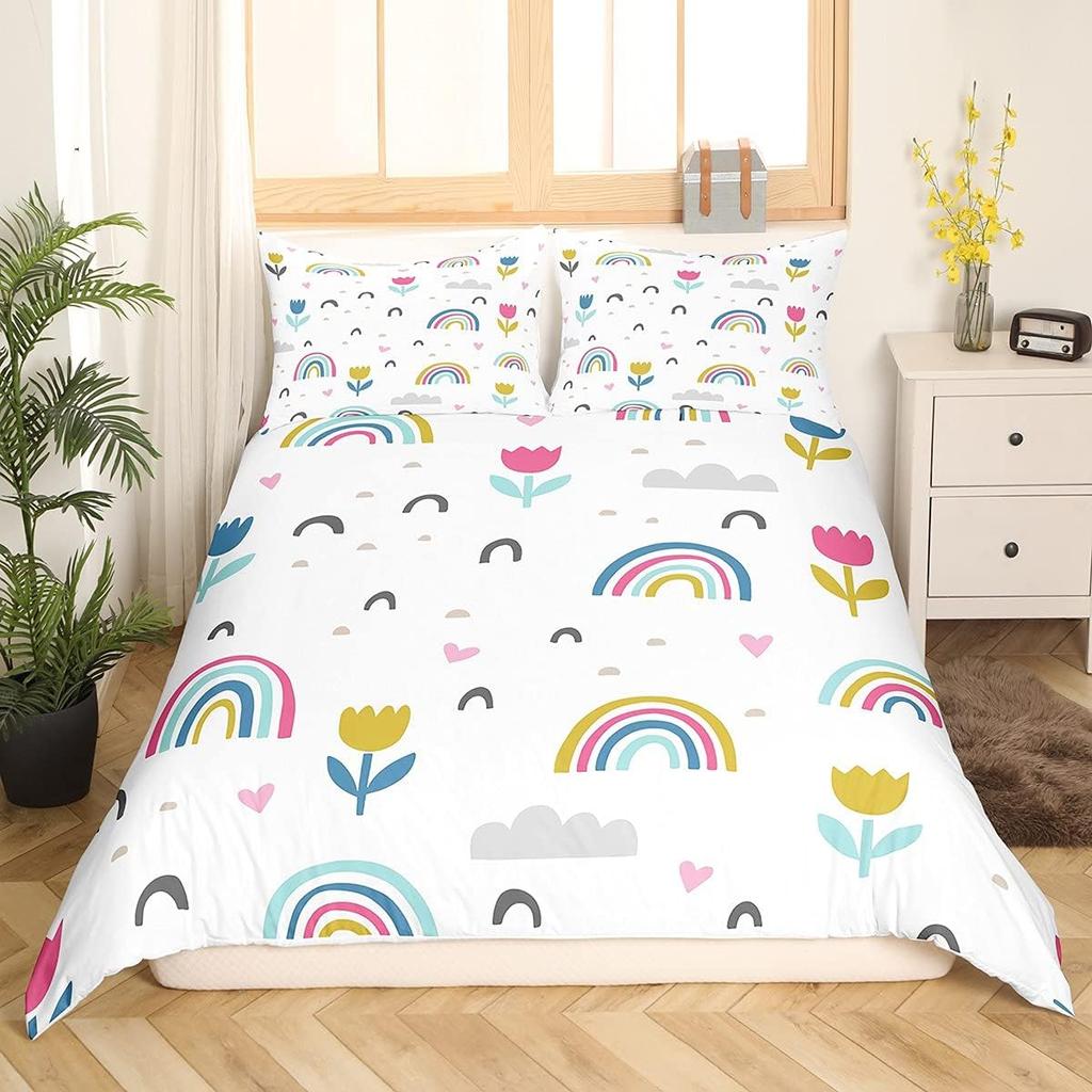 Kids Kawaii Duvet Cover Set Suitable For Girls And Boys Rainbow Moon Star Cute Cartoon Cloud Set Kids Bedroom Decoration 3Pcs