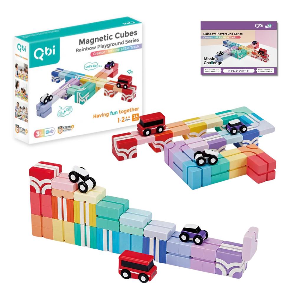 Qbi Rainbow PLUS (Creator) Magnetic Building Blocks with 21 Parts, 3 Cars, and a Challenge Card (Ages 3 and Up)