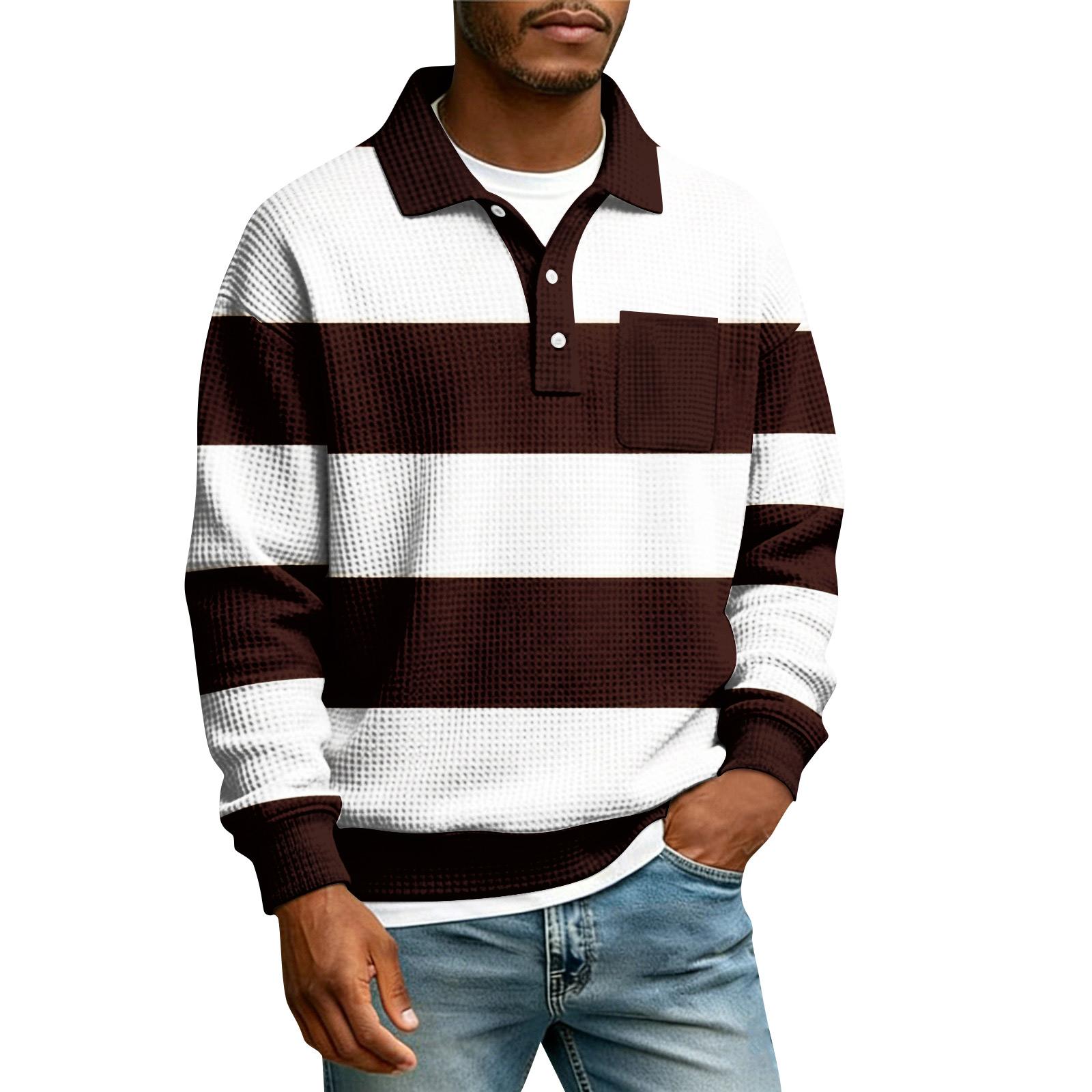

Men s Striped Single Breasted Long Sleeved Shirt With Collar And Pockets Casual Sports T-shirt M кавовий