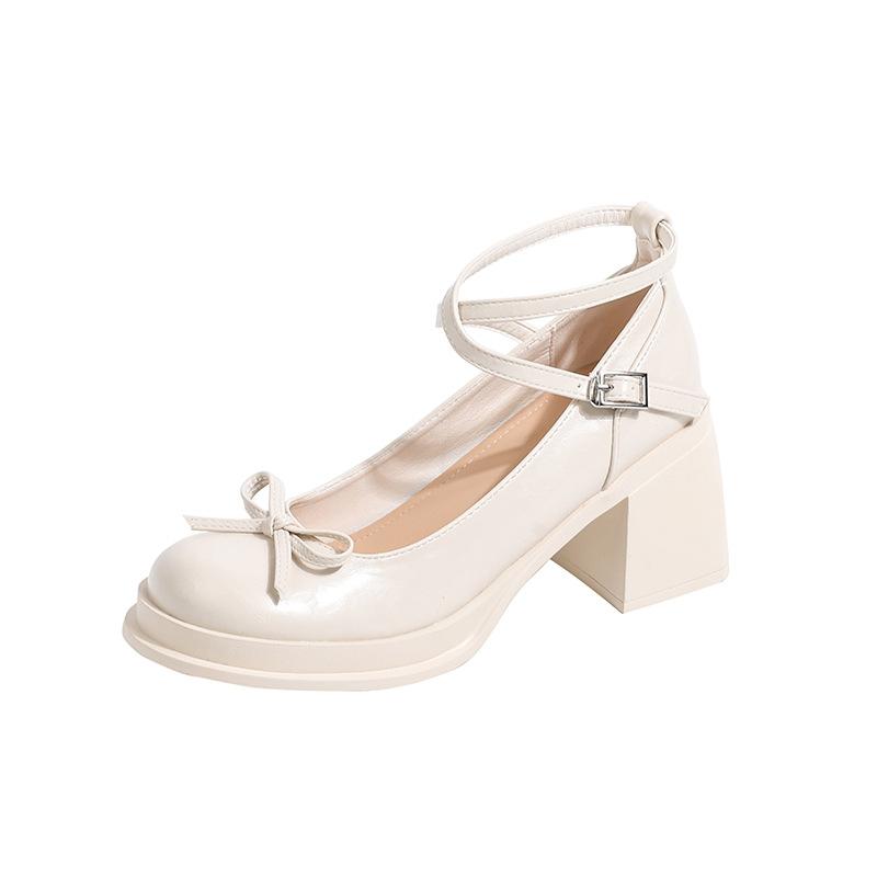 French soft leather thick heel waterproof table Mary Jane shoes fairy style heightening bow one-word buckle shallow mouth high heels