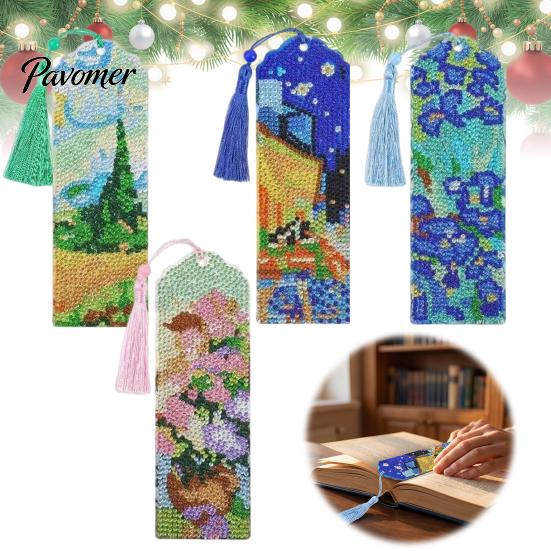Adult Craft Projects 4PCS Christmas Theme Diamond Painting Bookmarks, Creative DIY Art Kits, Reading Accessories Stress Relief Portable Book