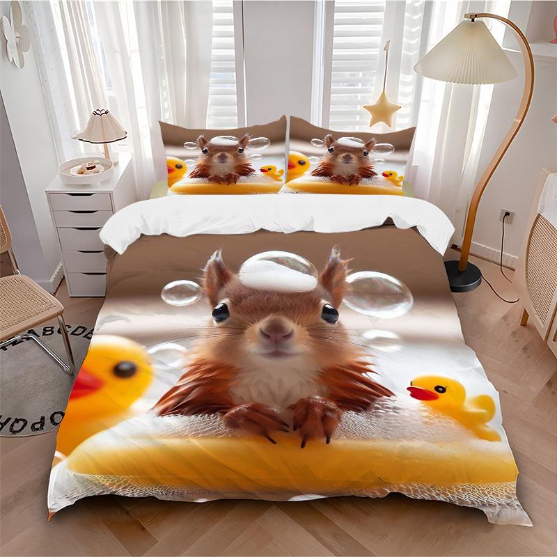 3pcs Anime Squirrel with Duck Bath Time Bedding Set - Includes One Quilt Cover and Two Pillowcases (No Core) - Polyester Fabric - Suitable f