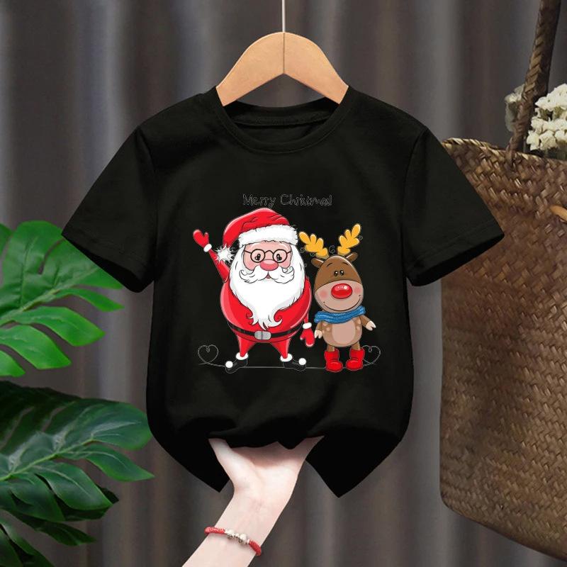 Neformální kreslené chlapecké a dívčí tričko top, vánoční Santa Claus sob s krátkým rukávem dětské oblečení, kulatý výstřih