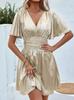 QICED Fashion Summer Spring Solid Color Print Short Sleeve V-Neck Casual Dresses