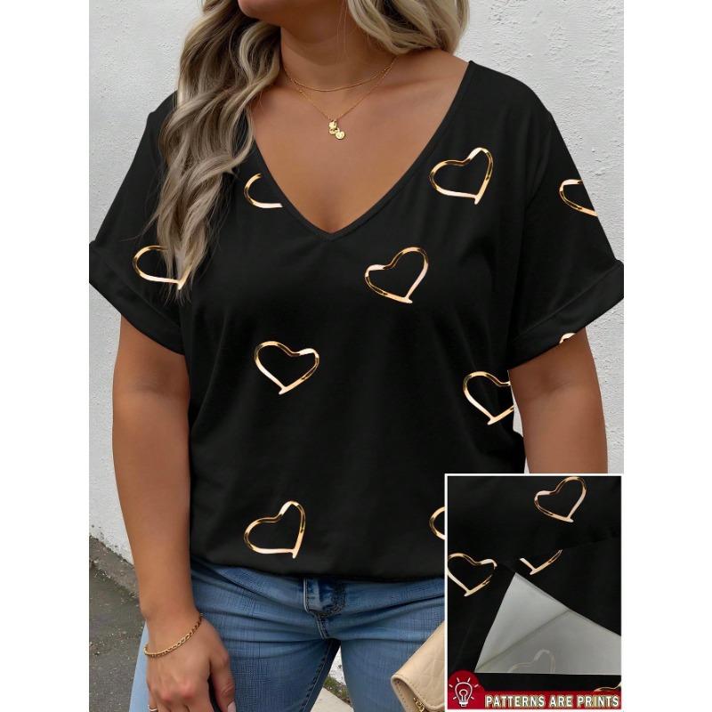 Plus Size Heart Design Pattern Printed T-shirts Summer Fashionable High Quality Short Sleeved