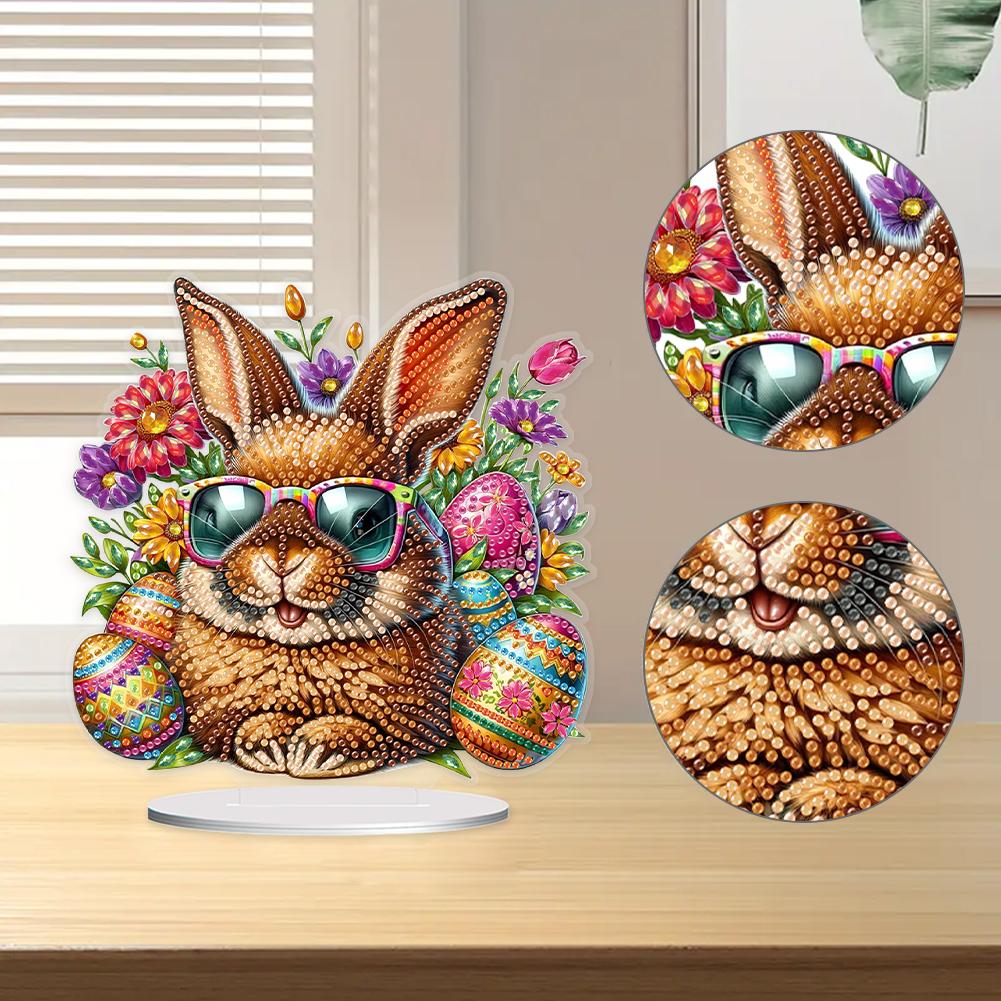2D Flat Easter Rabbit DIY Diamond Painting Desktop Ornaments Kit Special Shape Single-Sided Drill for Home Office Desktop Decor