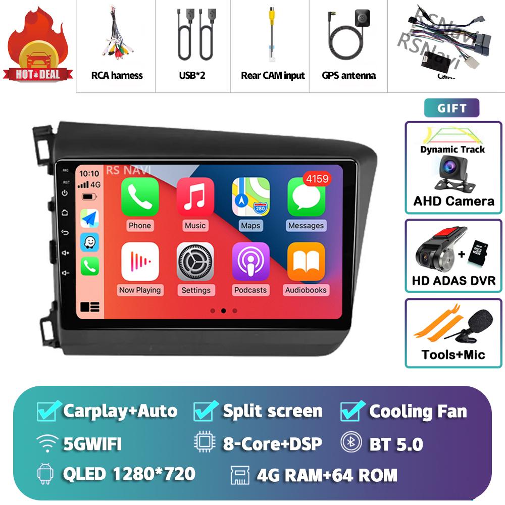 Android 14 Carplay Car Radio For Honda Civic 2012 - 2015 Multimedia Video Player Navigation GPS Stereo Head Unit 360 Camera DVD