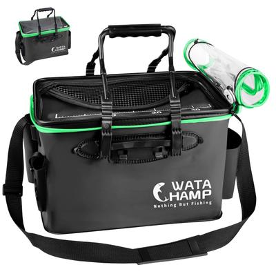 WATACHAMP Double-Lid Foldable Fishing Bucket, 40cm, 29L, with Clear Lid + Mesh Cover, Rod Holder, EVA, Multi-functional for Emergency Preparedness