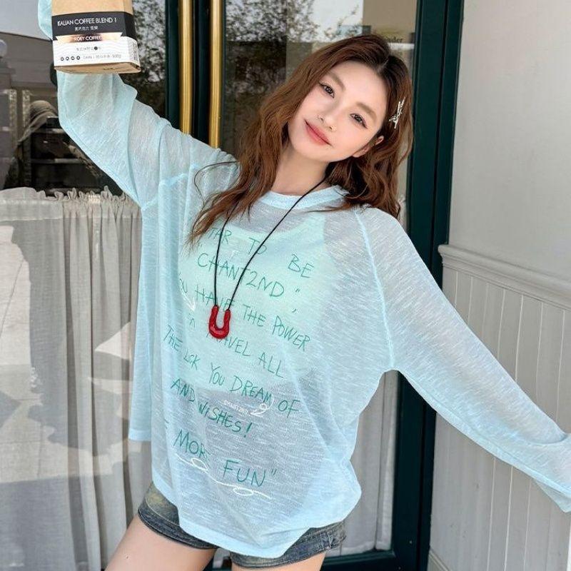Top da Donna Girocollo Manica Lunga Vestibilità Larga Stile Fresco Maglietta Trasparente con Stampa di Lettere Copricostume Estivo Blusa