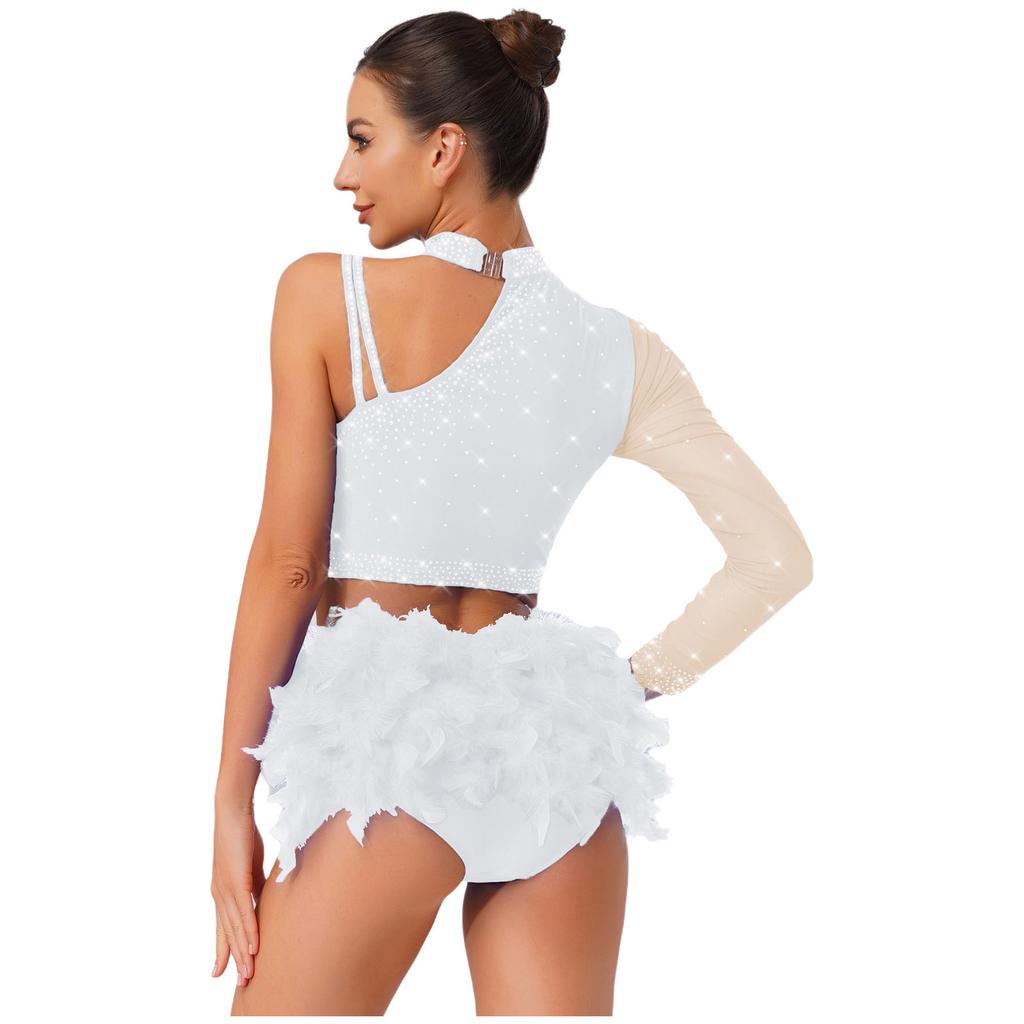 2-Piece Latin Dancewear Set for Womens - Sparkly Rhinestone One Shoulder Crop Top and Feather Back Briefs for Chacha Tango Belly Dance