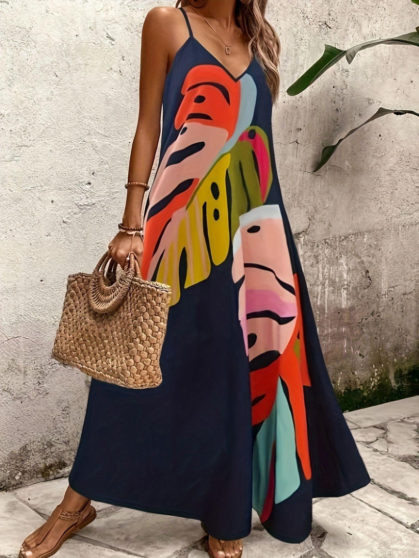 

European and American summer fashion vacation comfortable casual printed V-neck suspender long dress XXL Темно-синій