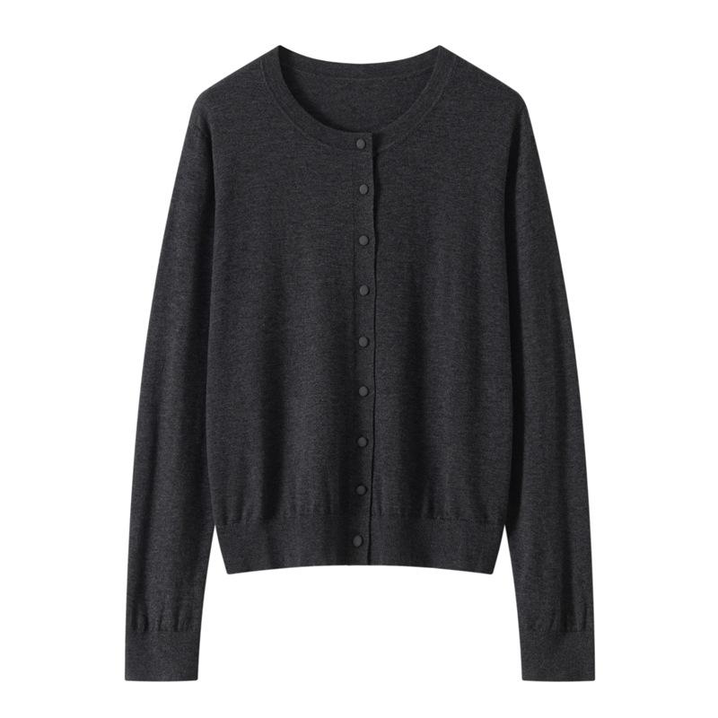 100 Worsted Wool Autumn New Solid Color Bag Button Crew Neck Knitted Cardigan Wool Knitted Cardigan