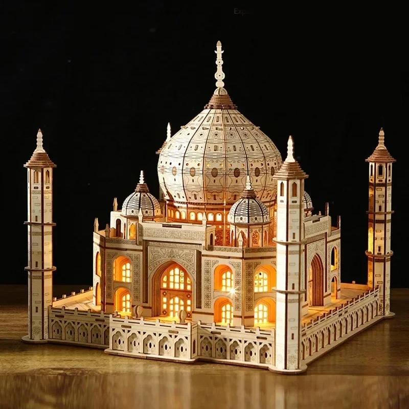 3D Træpuslespil Hus Kongeligt Slot Taj Mahal Med Lys Samlespil Legetøj Til Børn Voksne DIY Model Sæt Skrivebordsdekoration Til Gaver
