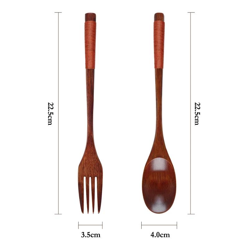 Japanese Style Dinnerware Set Wooden Spoon Fork Cutlery Set Long Handled Dessert Soup Spoon Salad Fork Outdoor Kitchen Tableware