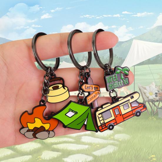 Pingente de Chaveiro Liga de Zinco Processo de Gotejamento de Óleo Estilização Tema Camping Porta-Chaves Portátil Design Versátil Chaveiro com Tema Natureza