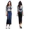 Women's High-Waisted Korean Denim A-Line Skirt with Elastic Back and Slit - Slimming Bodycon Fit, Mid-Length