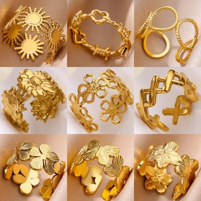 Wind Hollow Flower Sun Titanium Steel K Gold Ring Women's Hip Hop Niche Open Index Finger Ring New