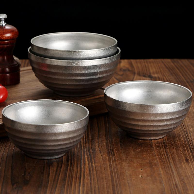 Retro Stainless Steel Threaded Rice Bowl Ramen Kimchi Seasoning Sugar Ramen Bowls Home Restaurant Tableware Kitchen Accessories
