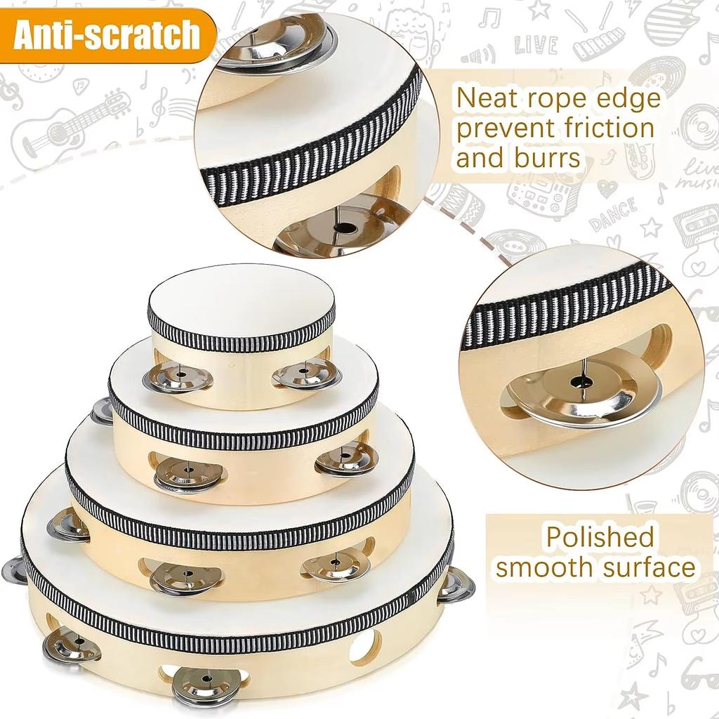 1Pcs Wooden Tambourine 4/6/8/10-Inch White Rim with Metal Jingles Musical Percussion Instrument for Concert Church Party