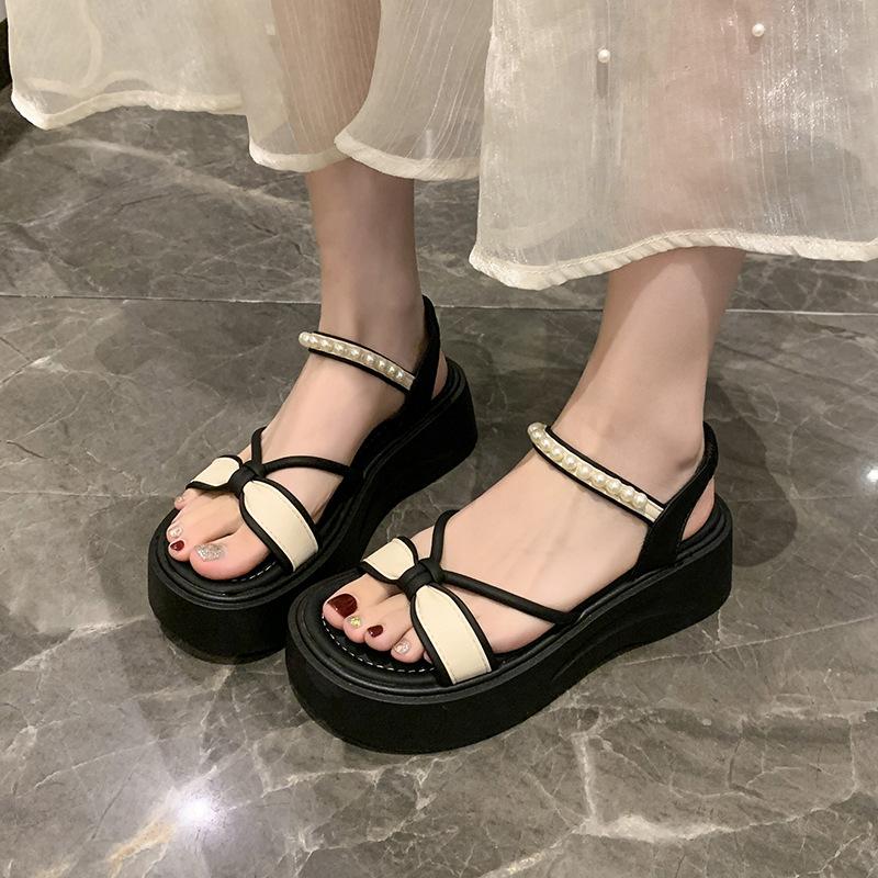 Summer New Muffin Thick-soled Beaded College Style Sandals Casual Beach Sandals Elastic Pedal
