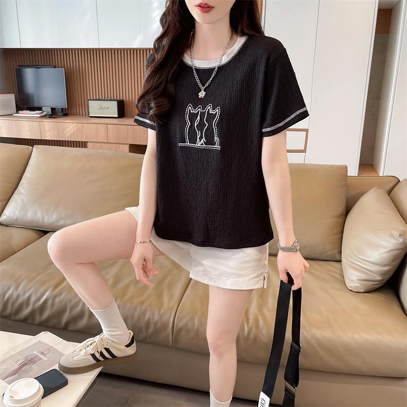 W3T Women's Cat Print Slimming Short Sleeve Summer T-Shirt