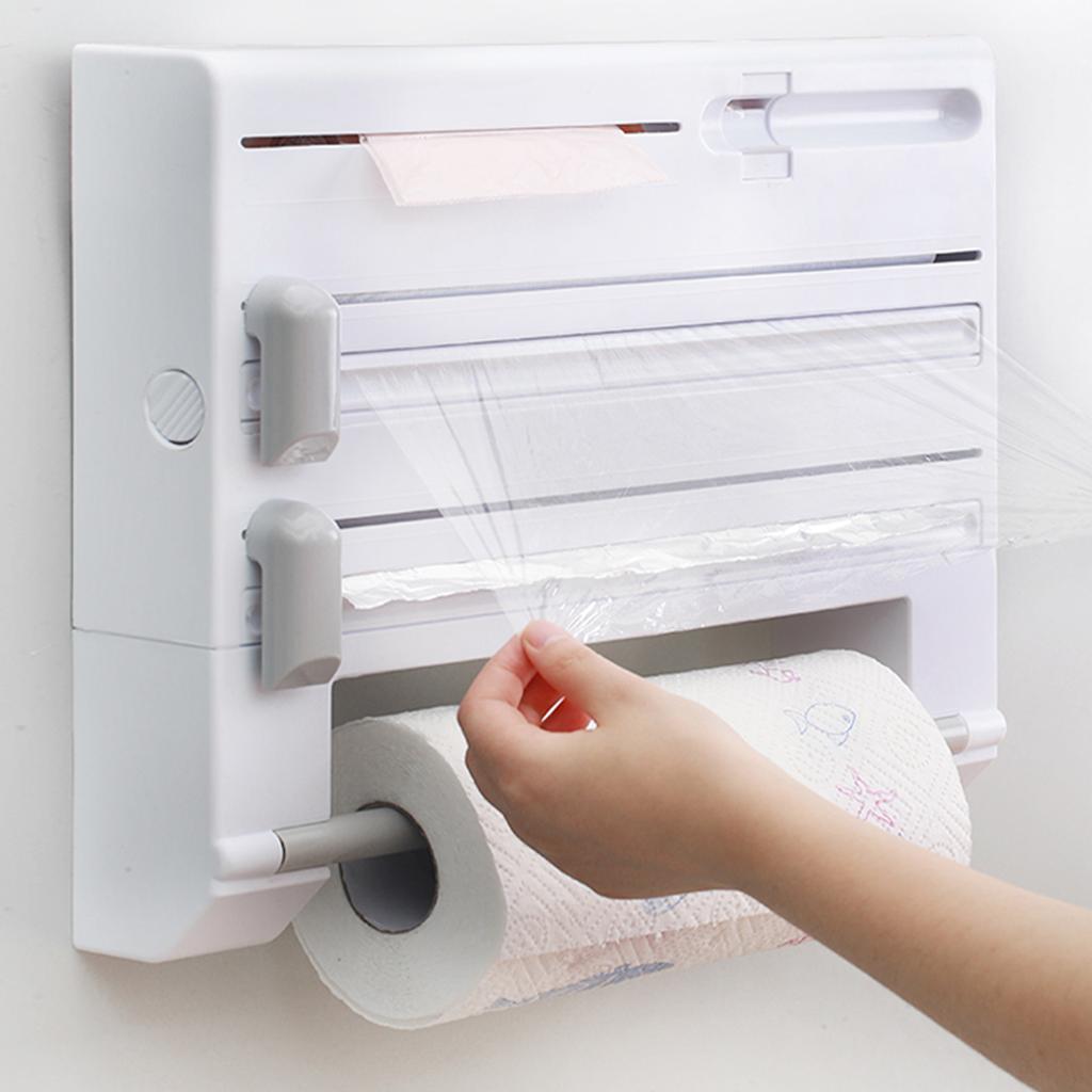 Multi-function Kitchen Storage Shelf Wrap  Triple Roll Paper Dispenser Tin Film Towel Holde Plastic Belt Cutter Wrap Film Cutter