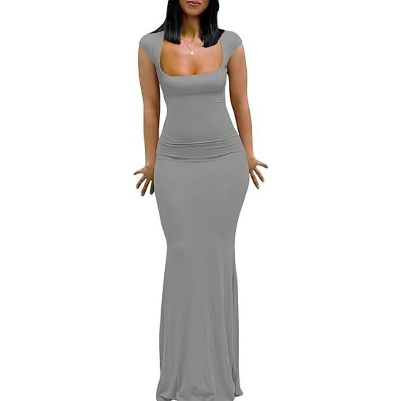 Dámské elegantní neformální večerní šaty dlouhého střihu se čtvercovým límečkem s letním rukávem