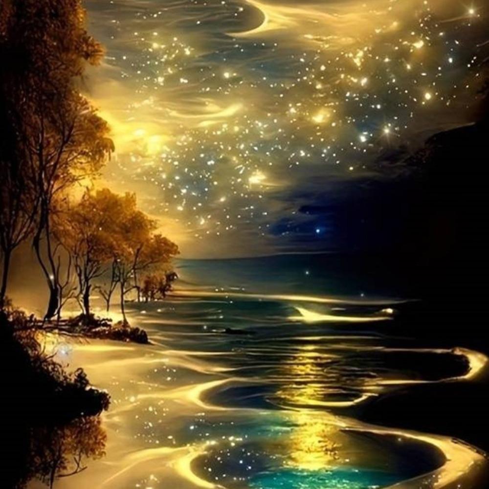 Full Square Diamond Painting Kits Round Diamonds Moonlight Beach Diamond Art Kits Fantasy Landscape DIY Diamond Painting