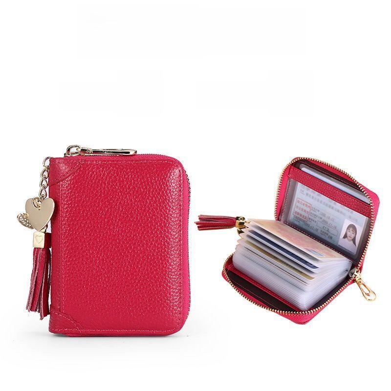 Women's RFID-Blocking Cowhide Card Holder with Zipper and Anti-Demagnetization for Credit Cards and Driver's License