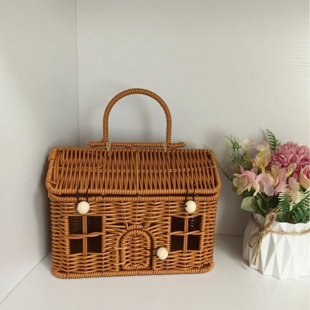 With Handle Rattan Picnic Basket House Shaped Clutter Organizer Desktop Organizer  Picnic Supplies