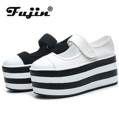 Fujin 8 cm Gatustil Denim Sommar Dam Plattforms Kile Ballerinor Andningsbara Damstövlar Mary Jane Avslappnad Vår Krok Skor