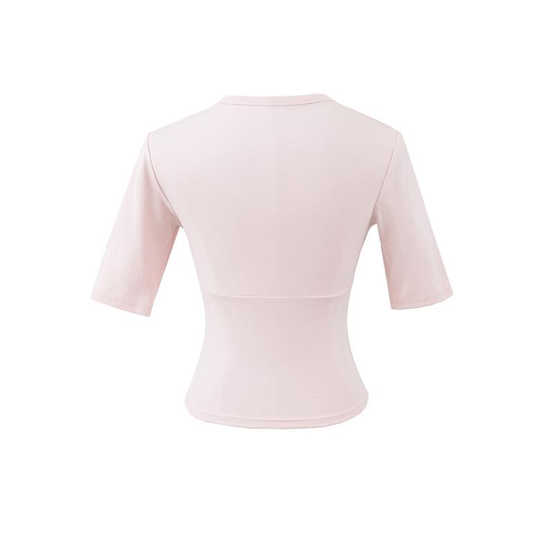Elegante Camiseta Cruzada en V con Ceñido a la Cintura para Mujer - Capa Base de Manga Corta para Verano