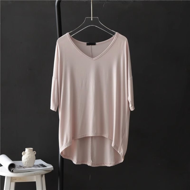 V-neck Undershirt Women's Five Quarter Sleeved T-shirt Summer Thin Plus Size Loose Sleepwear Mid Sleeved Korean Top